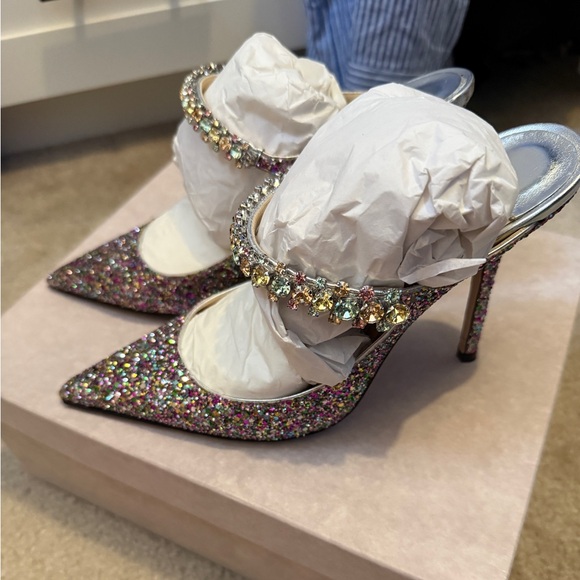 Jimmy Choo Shoes - Jimmy Choo Multicolor Glitter Pointed-Toe Stiletto Heels with Jeweled Strap
